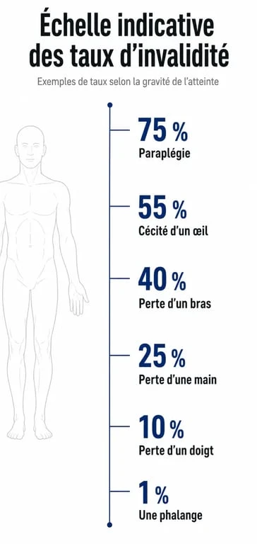 Infographie des taux d'invalidité : exemples concrets et barèmes pour comprendre l'évaluation de l'invalidité.