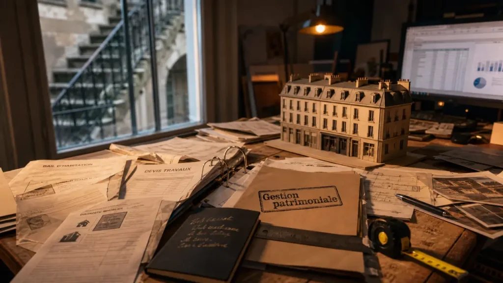 Gestion du patrimoine immobilier : documents, budget et immeuble en maquette
