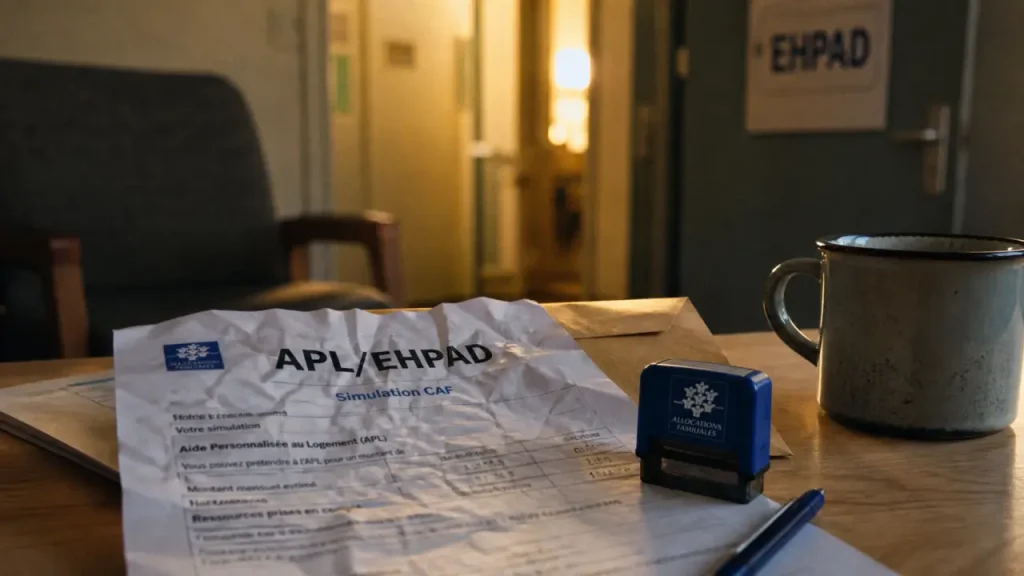 APL maison de retraite : dossier APL/EHPAD sur un bureau