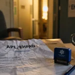 APL maison de retraite : dossier APL/EHPAD sur un bureau