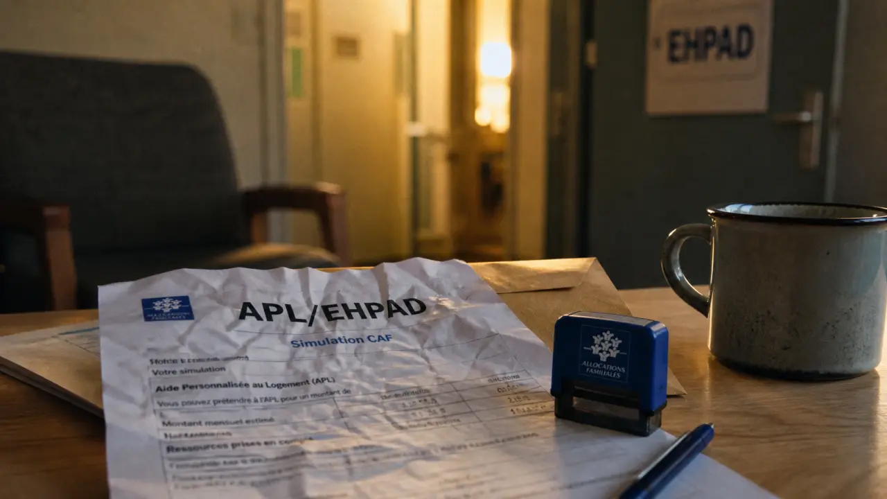 APL maison de retraite : dossier APL/EHPAD sur un bureau