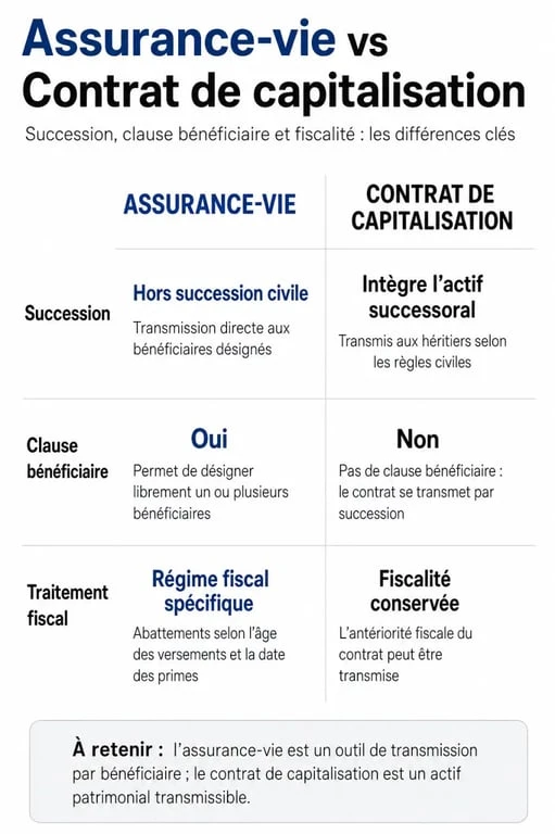 Tableau comparatif contrat de capitalisation et assurance-vie pour la succession