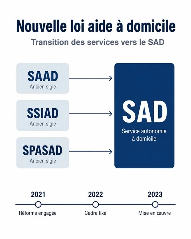 Nouvelle loi aide à domicile : schéma des sigles SAAD, SSIAD, SPASAD et SAD
