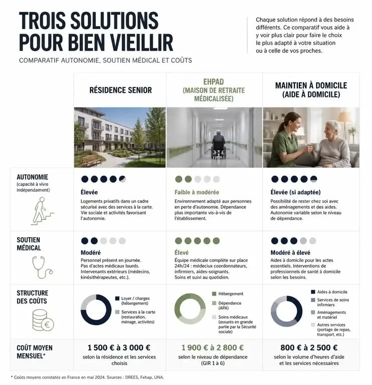 Comparatif des solutions de logement pour seniors : résidence senior, EHPAD et maintien à domicile pour éviter les dangers d'un mauvais choix.