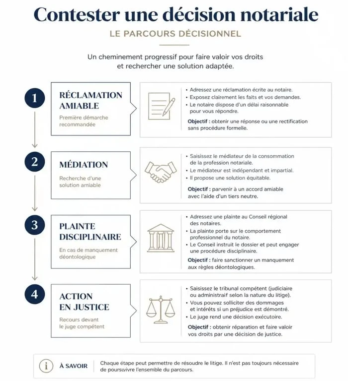 Infographie du parcours de plainte contre un notaire : étapes de la réclamation à l'action en justice
