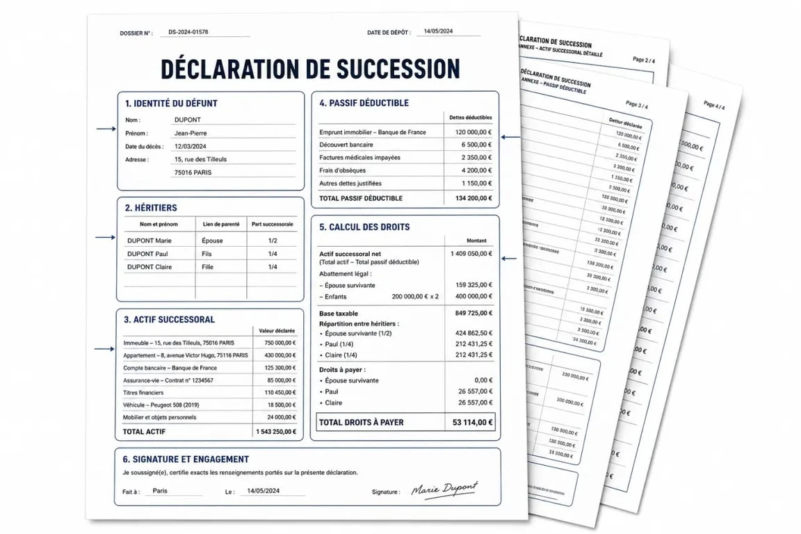 Exemple de déclaration de succession remplie avec zones annotées et structure du dossier