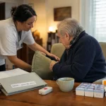 Infirmière IMAD institution genevoise de maintien à domicile à Genève, senior aidé au salon