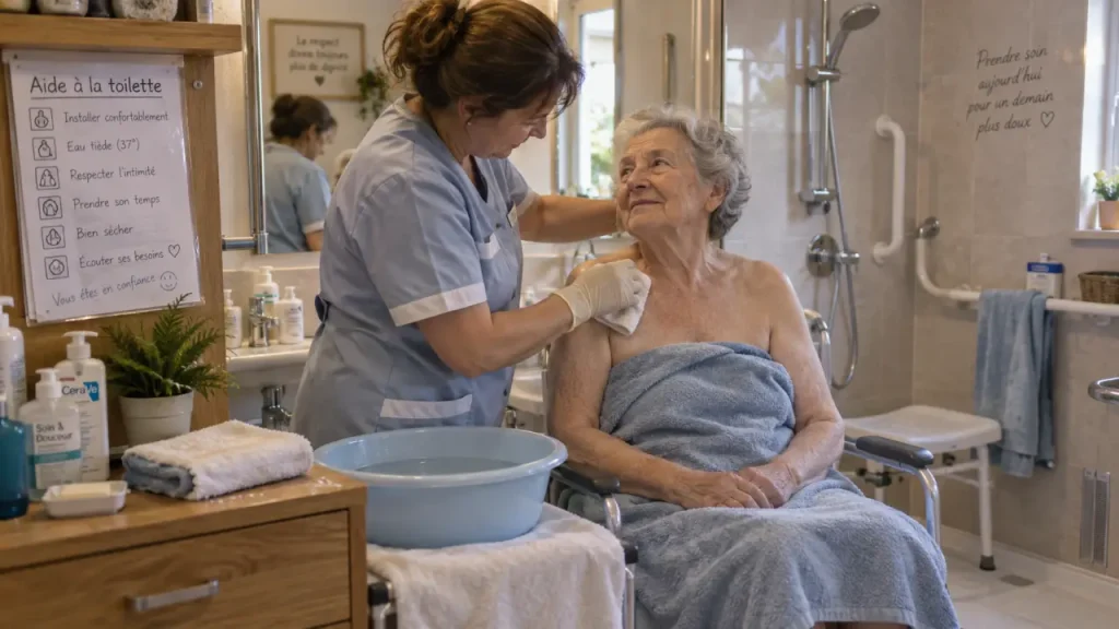 Aide à la toilette à domicile : auxiliaire de vie en salle de bain