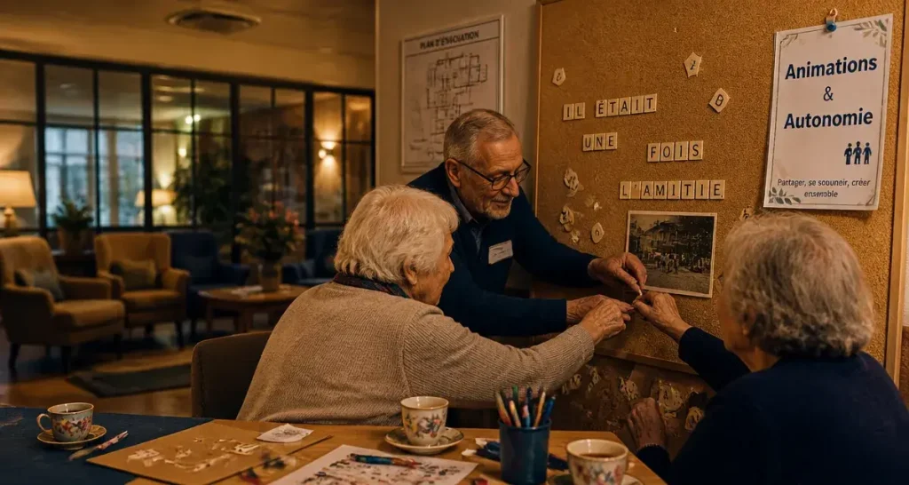 Animation maison de retraite en EHPAD : atelier lettres et photo d’époque, résidents aidés par un animateur