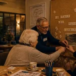 Animation maison de retraite en EHPAD : atelier lettres et photo d’époque, résidents aidés par un animateur