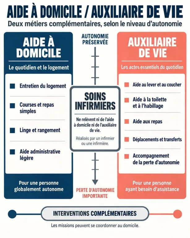 Infographie sur la différence entre aide à domicile et auxiliaire de vie selon les missions et le niveau d’autonomie