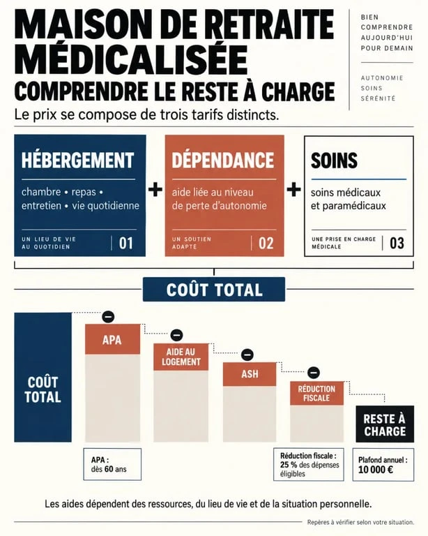 Infographie sur combien coûte une maison de retraite et la composition du reste à charge en EHPAD