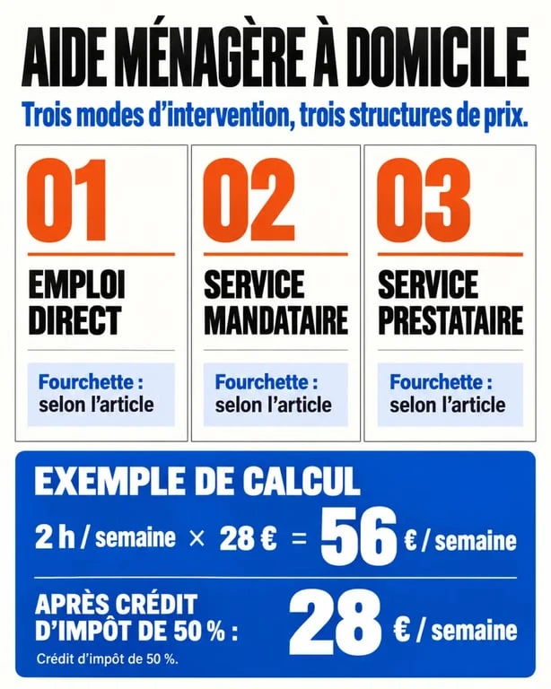 Infographie sur le tarif d'une aide ménagère à domicile selon le mode d'intervention et le crédit d'impôt