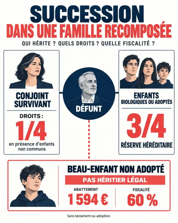 Infographie du simulateur succession famille recomposée sur les droits du conjoint, des enfants et du beau-enfant