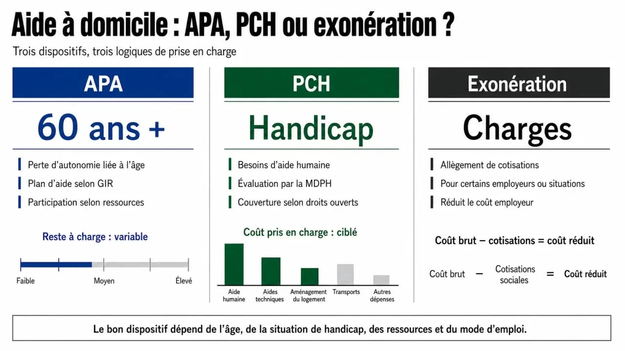 Comparatif APA PCH exonération aide à domicile avec critères d’éligibilité et reste à charge