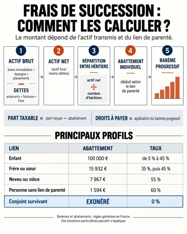 Infographie sur le montant des frais de succession selon le lien de parenté, les abattements et les taux