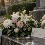 Fleurs obsèques : couronne de chrysanthèmes et lys au cimetière