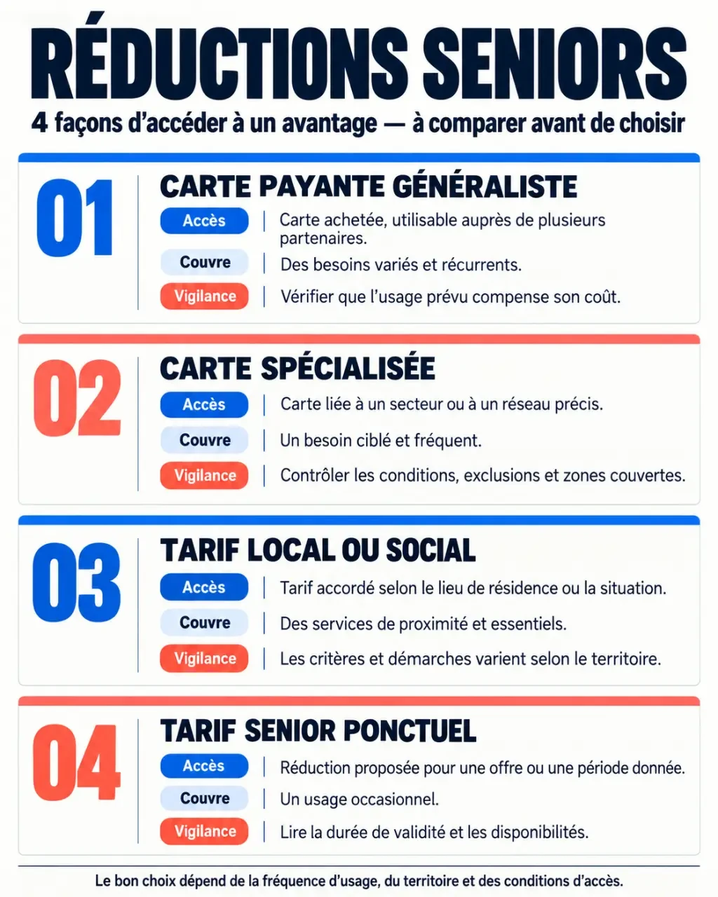Infographie comparative des quatre types de réduction seniors