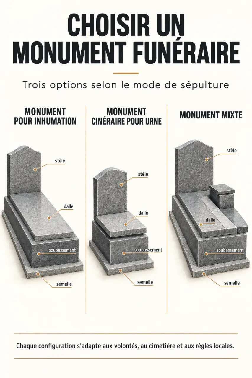 Choisir un monument funéraire : comparaison visuelle des modèles pour inhumation, urne et sépulture mixte