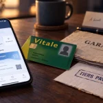SG santé mutuelle : smartphone avec carte tiers payant dématérialisée et carte Vitale