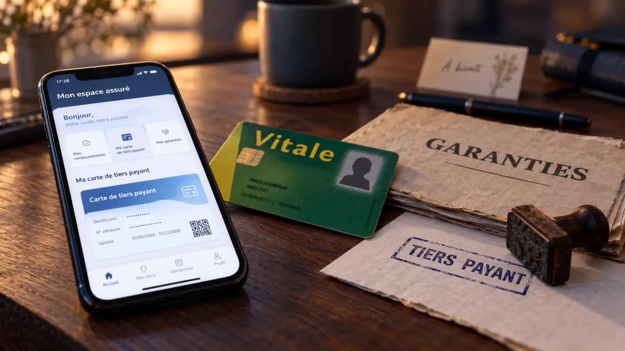 SG santé mutuelle : smartphone avec carte tiers payant dématérialisée et carte Vitale